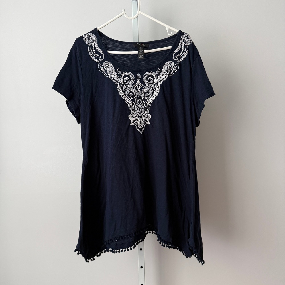 Style & Co 1X Navy Top Embroidered Pom Pom Boho Cottage Prairie Peasant - Picture 1 of 5